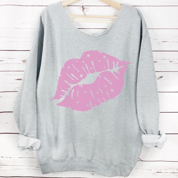 Tops - Kiss Lips Slouchy Neck Long Sleeve Sweatshirt Multiple Colors And Sizes